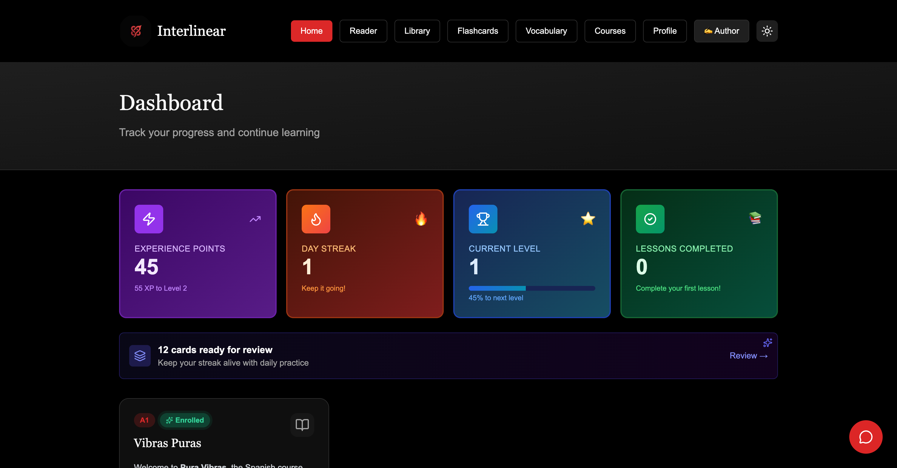 Interlinear dashboard - Course progress and learning stats