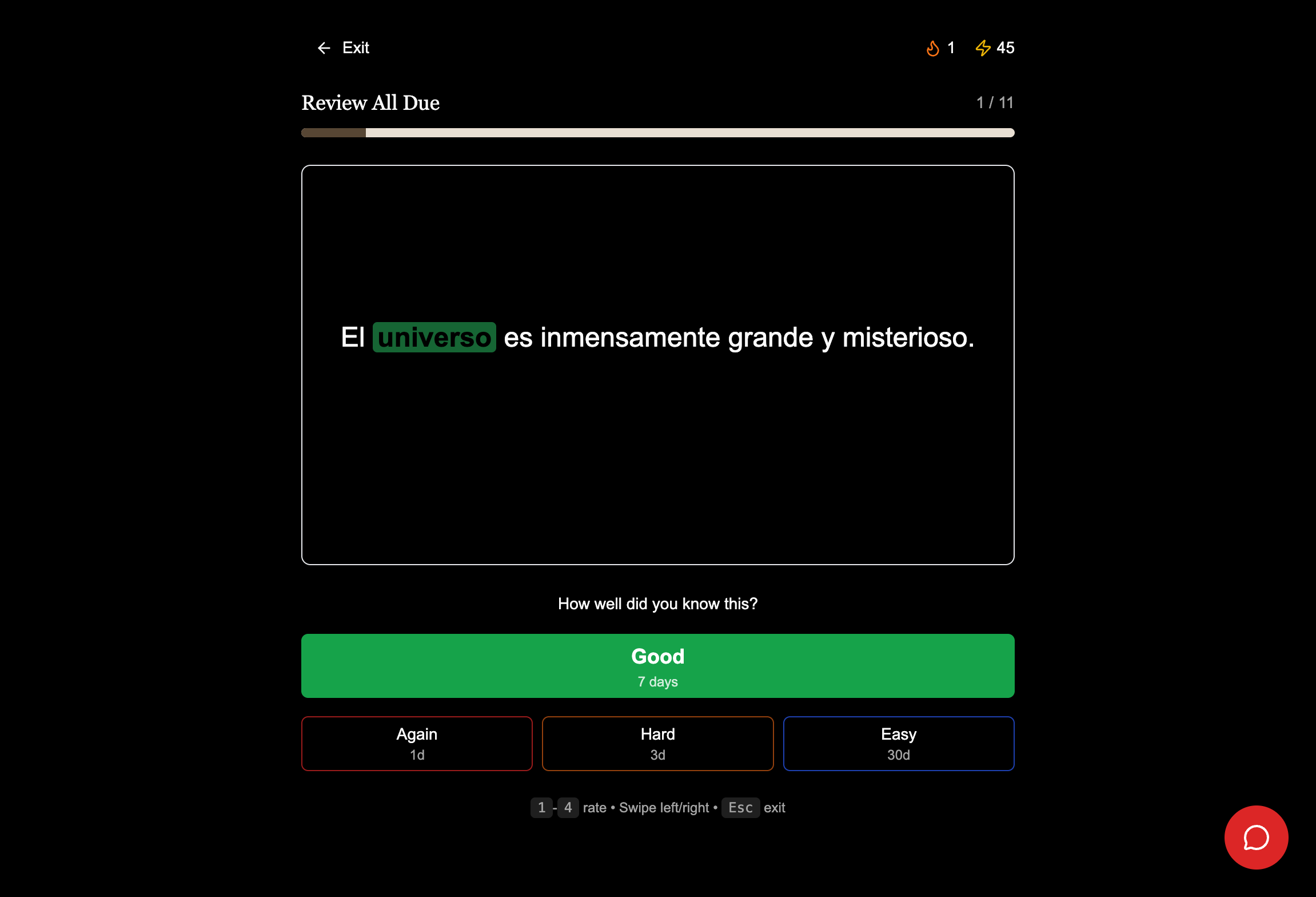 Interlinear flashcard answer - Rate your recall for optimized scheduling