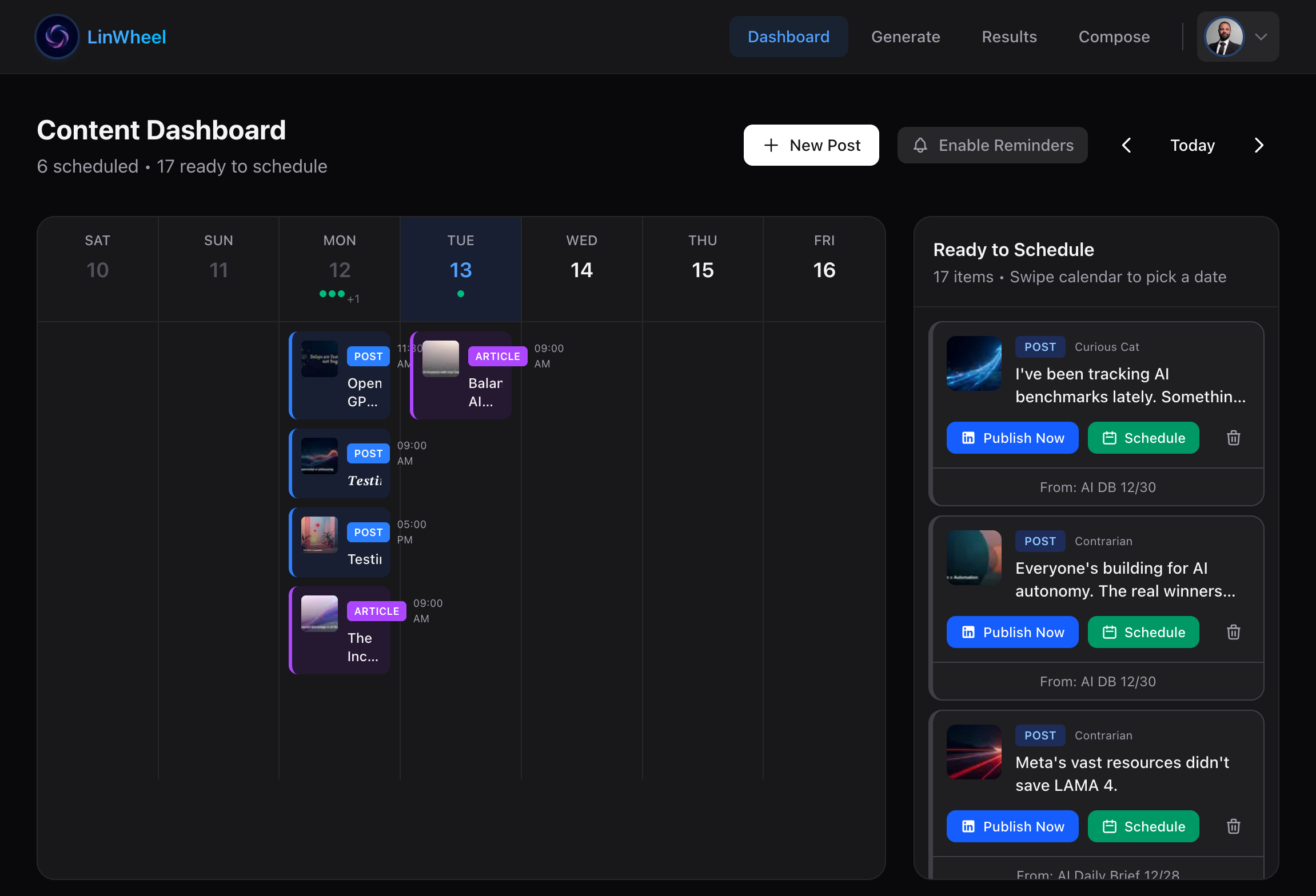 LinWheel content calendar - Schedule posts across the week with AI cover images