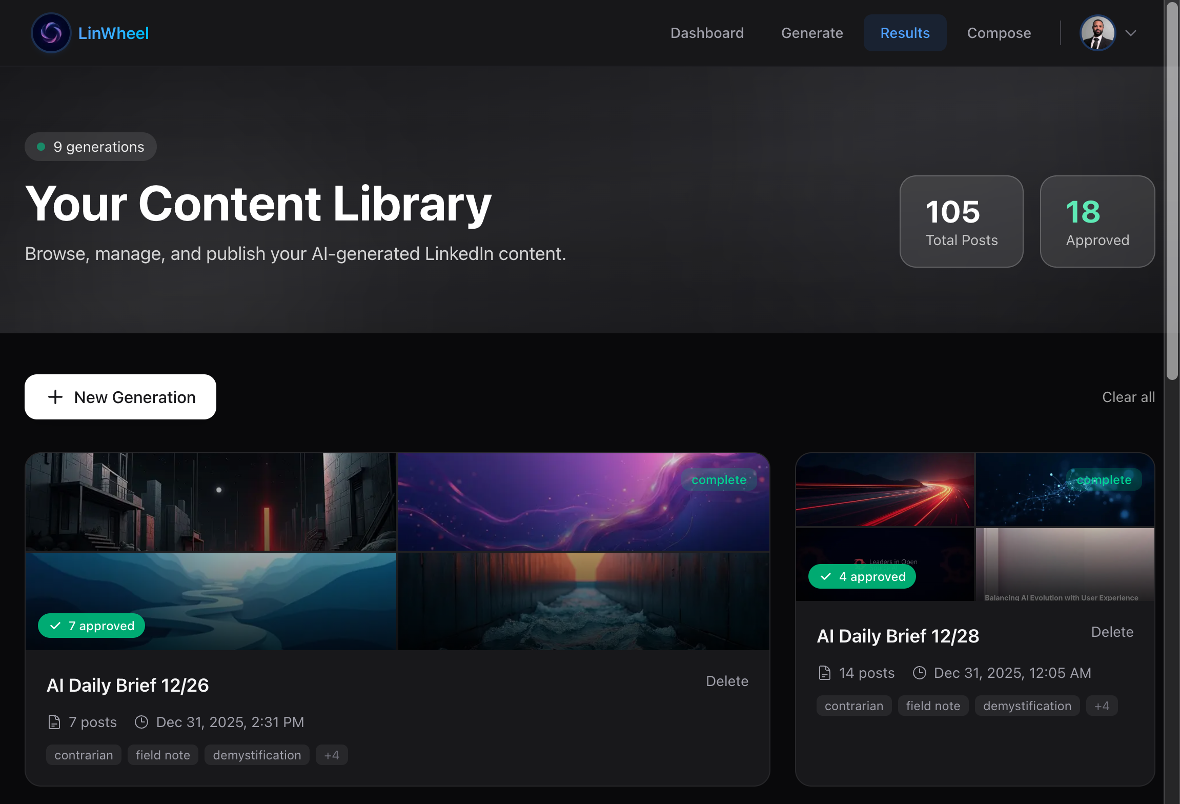 LinWheel content library - AI-generated posts with cover images