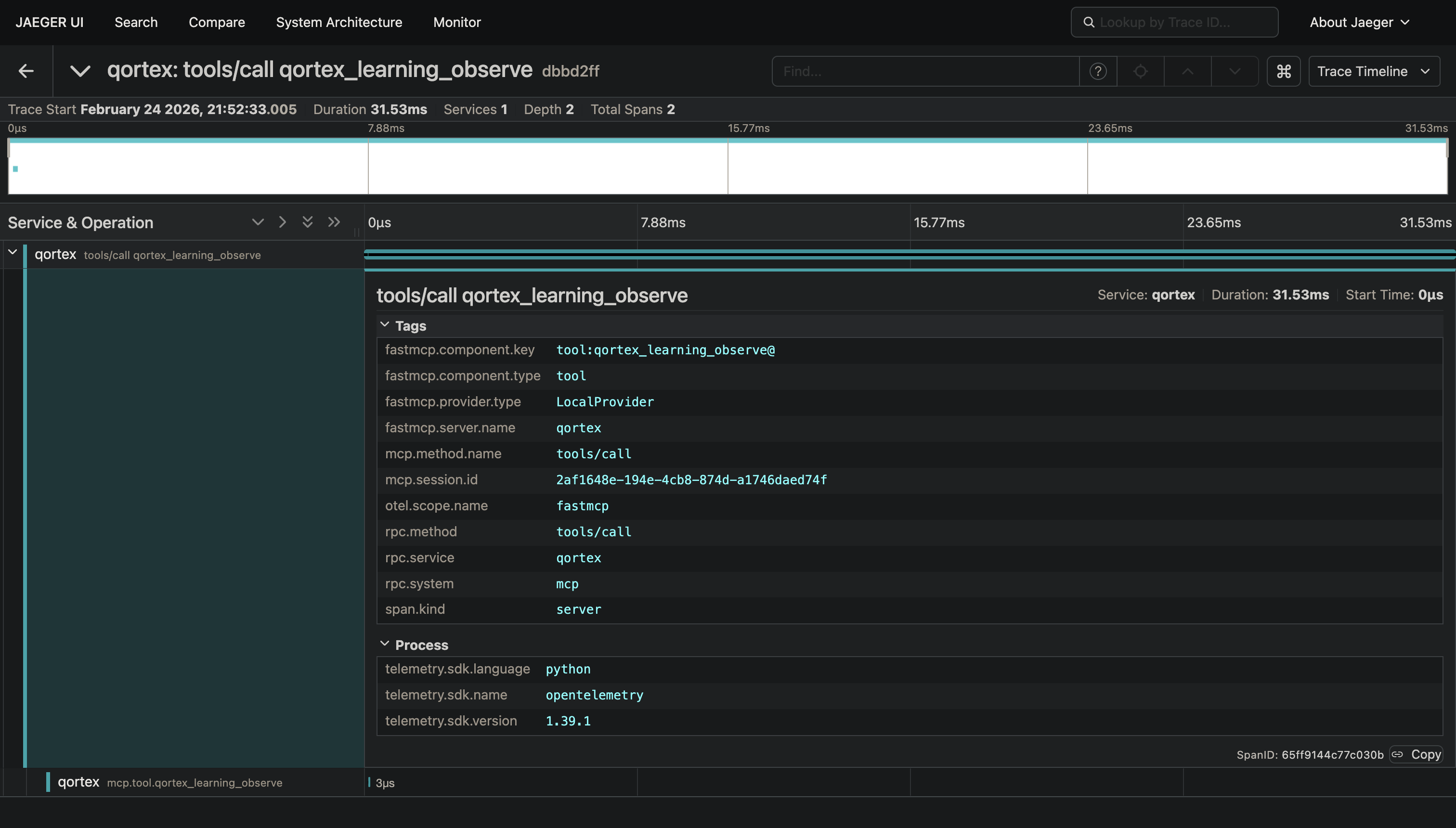 Jaeger trace: MCP tools/call qortex_learning_observe, 31.53ms, fastmcp provider